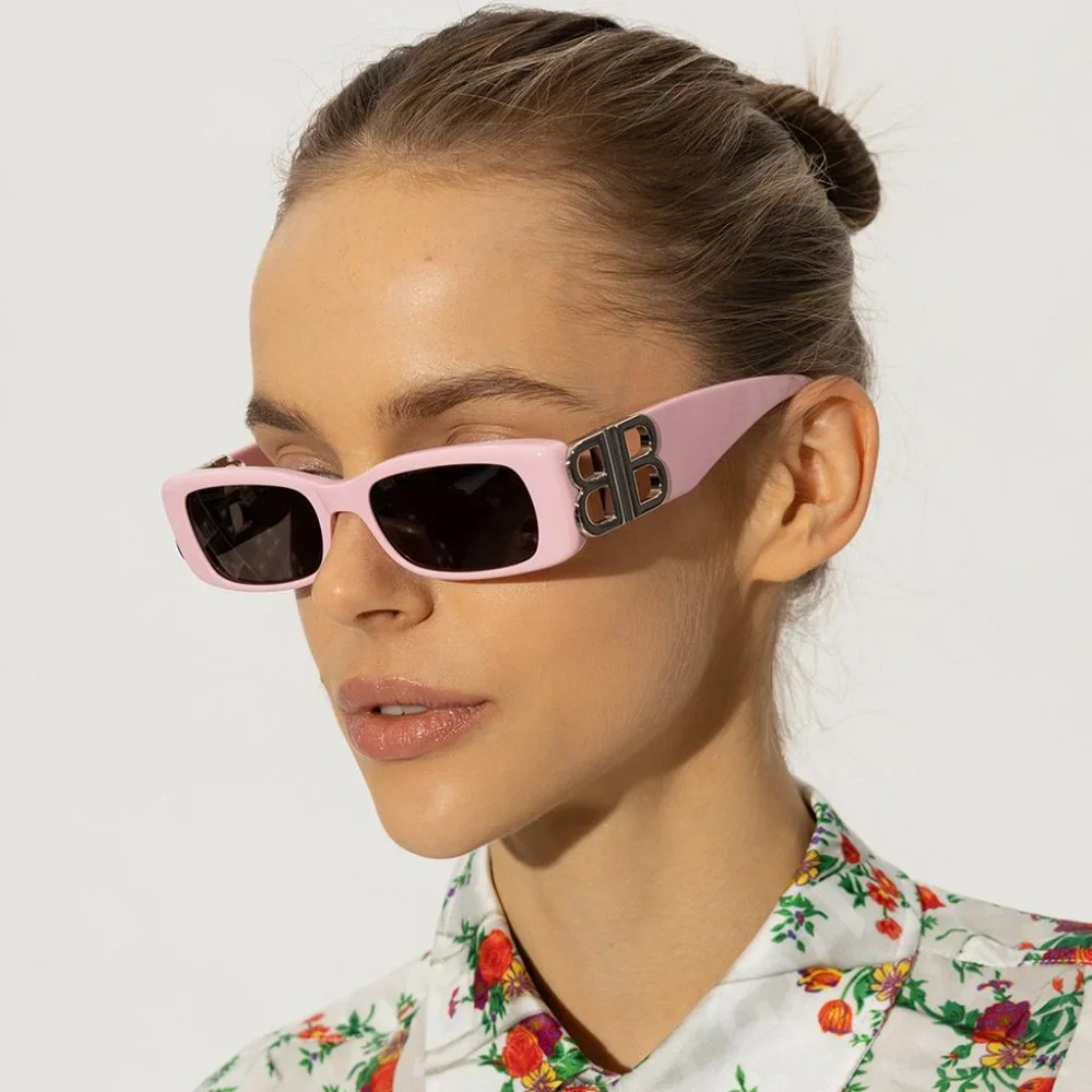Balenciaga BB0096S 012 BRAND NEW Sunglasses Pink Silver Grey Rectangle Unisex